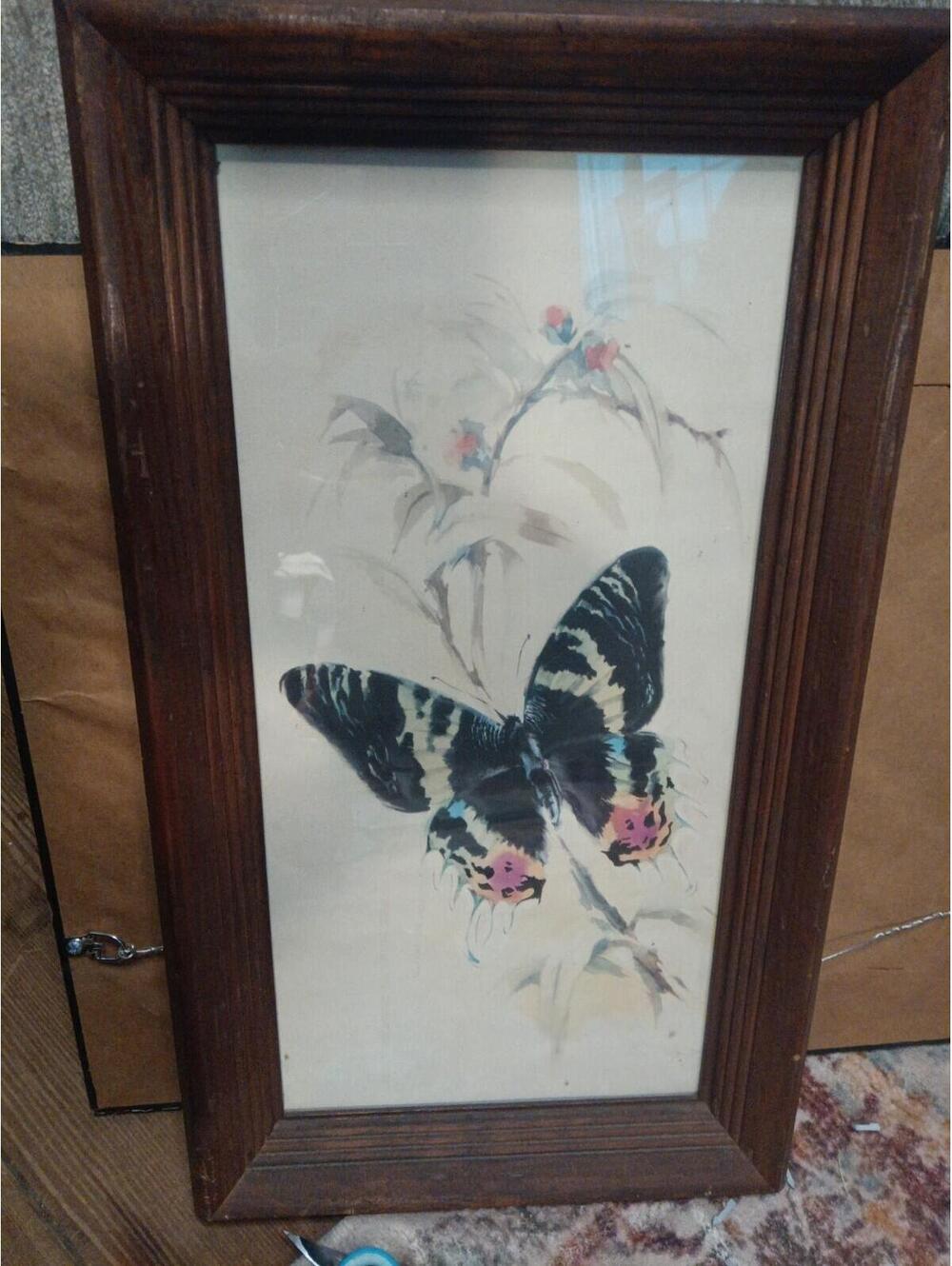 Vtg Framed  16" X 8" Arthur A. Kaplan Inc. Perched Butterfly Litho Lithograph